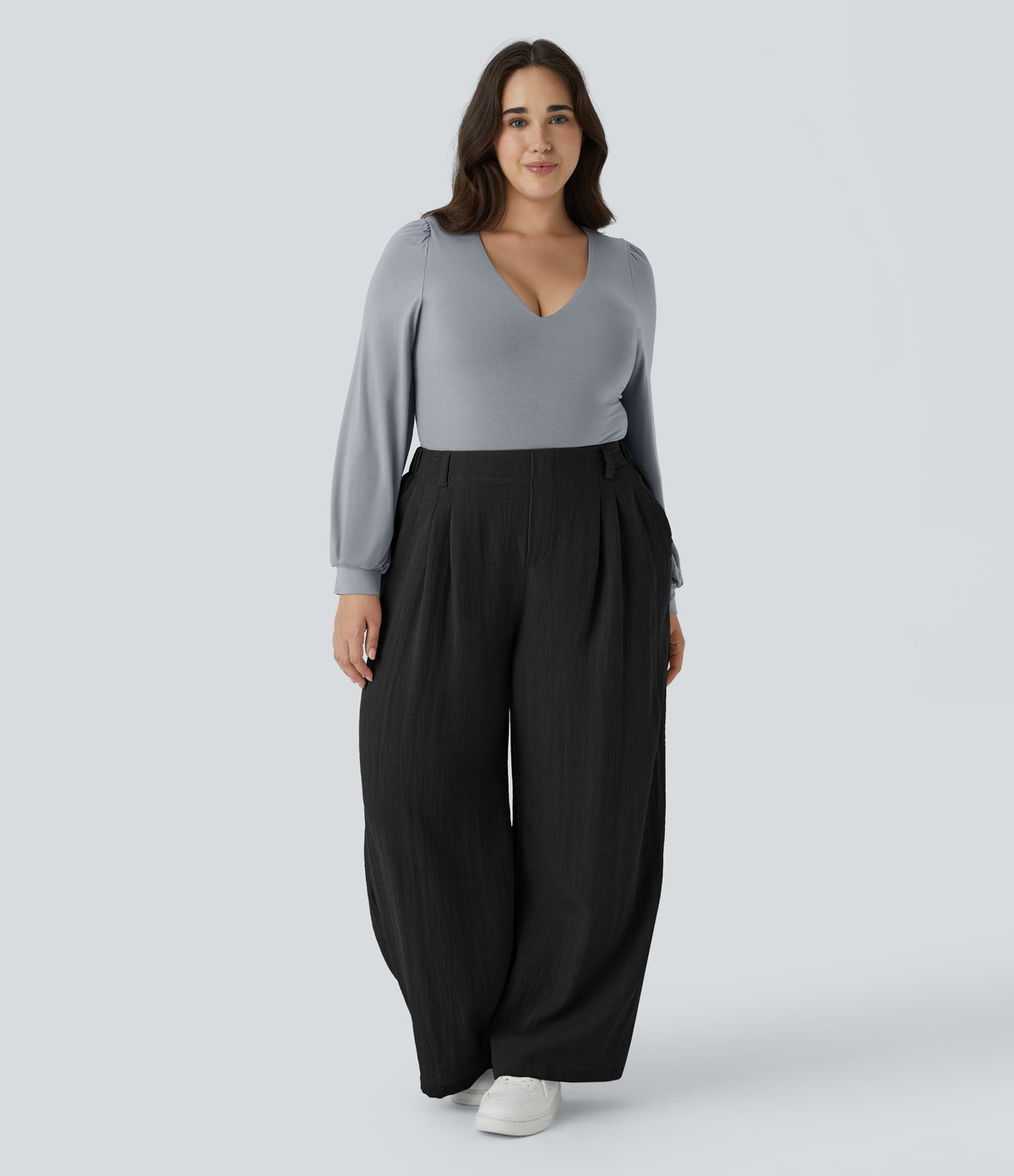 High Waisted Pocket Wide Leg Flowy Casual Linen-Feel Plus Size Trousers — Black — view 6