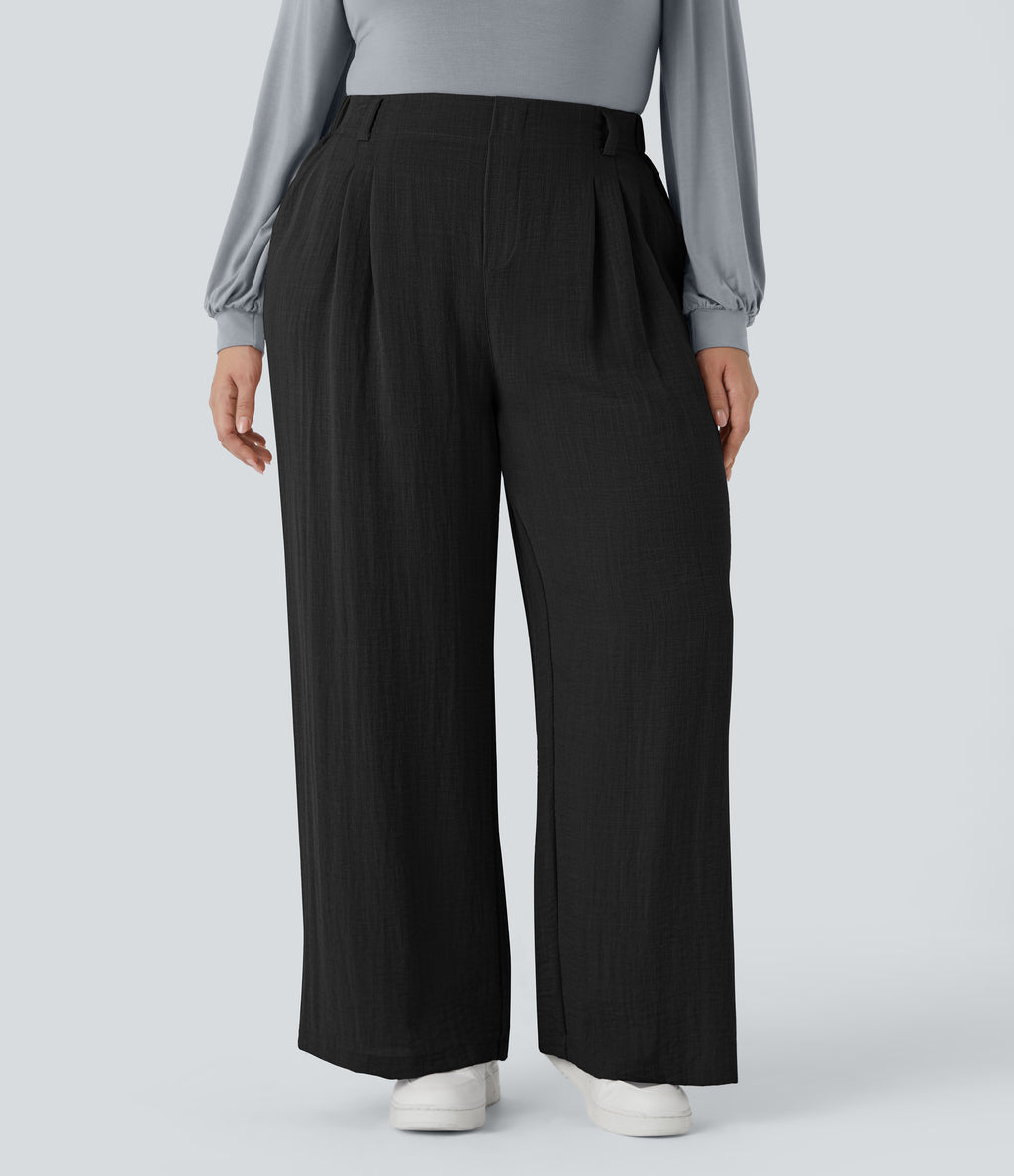 High Waisted Pocket Wide Leg Flowy Casual Linen-Feel Plus Size Trousers — Black — view 1