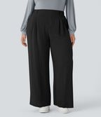 High Waisted Pocket Wide Leg Flowy Casual Linen-Feel Plus Size Trousers — Black — view 1