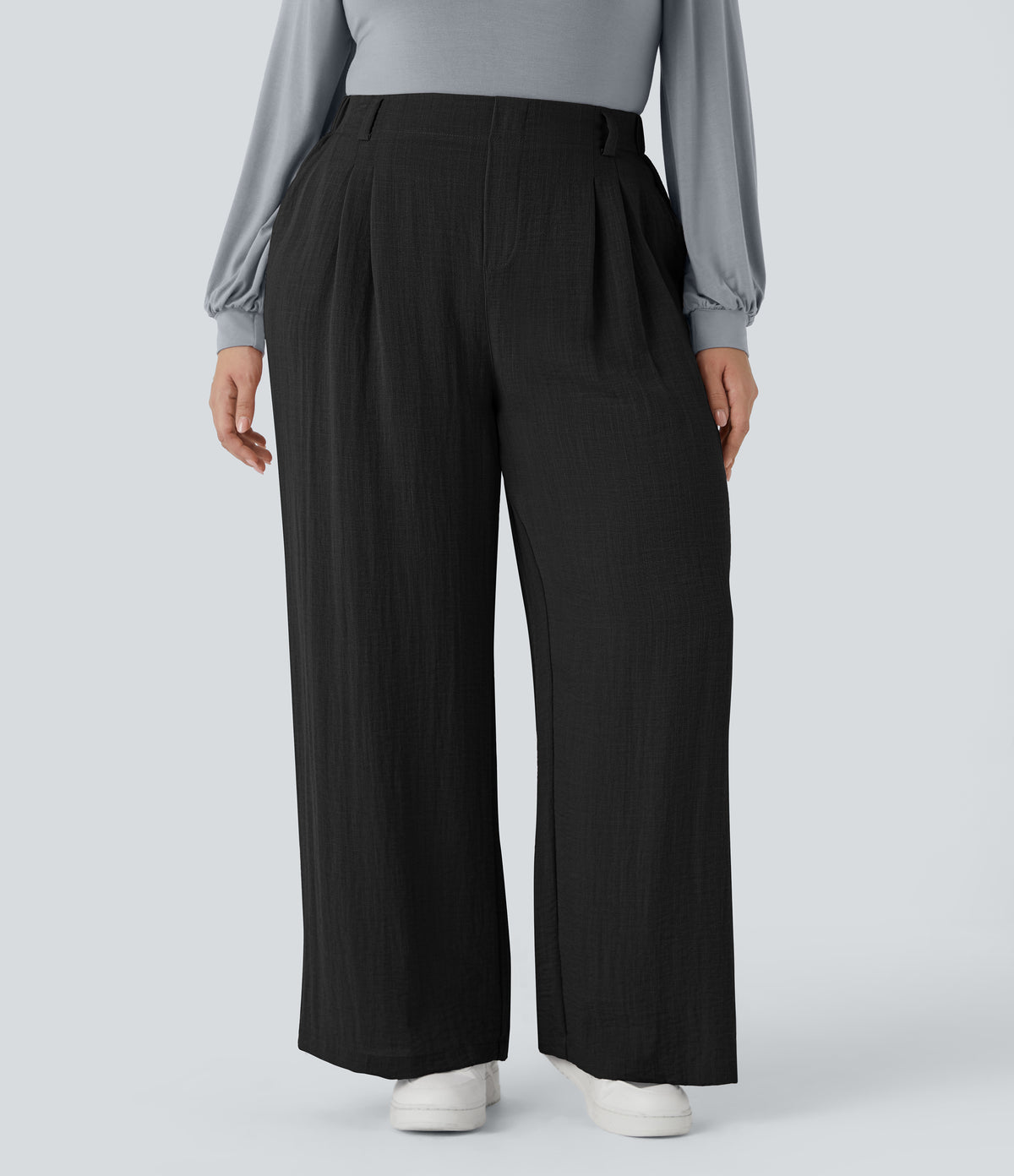 High Waisted Pocket Wide Leg Flowy Casual Linen-Feel Plus Size Trousers — Black — view 1