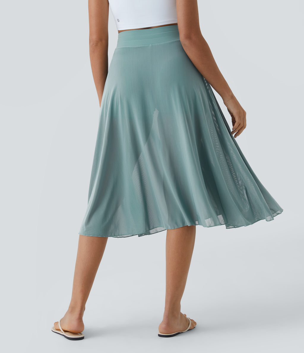 High Waisted Drawstring Contrast Mesh 2-in-1 Pocket Flowy Midi Flare Casual Skirt — Mineral Blue — view 3