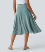 High Waisted Drawstring Contrast Mesh 2-in-1 Pocket Flowy Midi Flare Casual Skirt — Mineral Blue — view 3