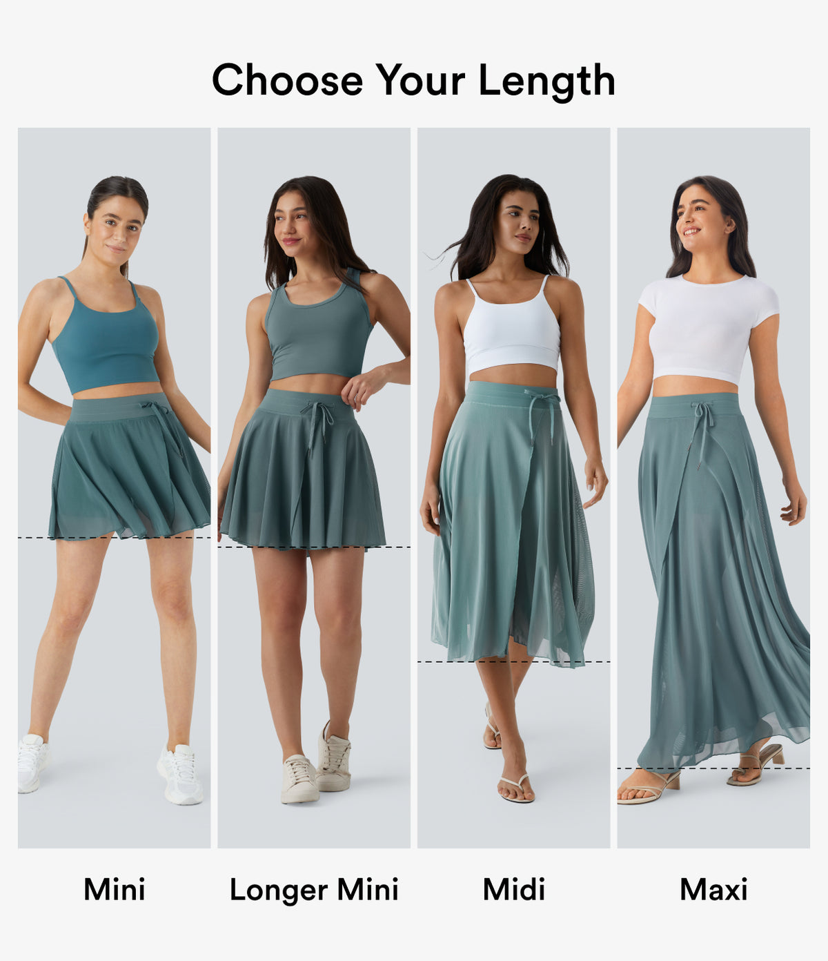 High Waisted Drawstring Contrast Mesh 2-in-1 Pocket Flowy Midi Flare Casual Skirt — Mineral Blue — view 2