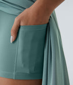High Waisted Drawstring Contrast Mesh 2-in-1 Pocket Flowy Midi Flare Casual Skirt — Mineral Blue — view 7