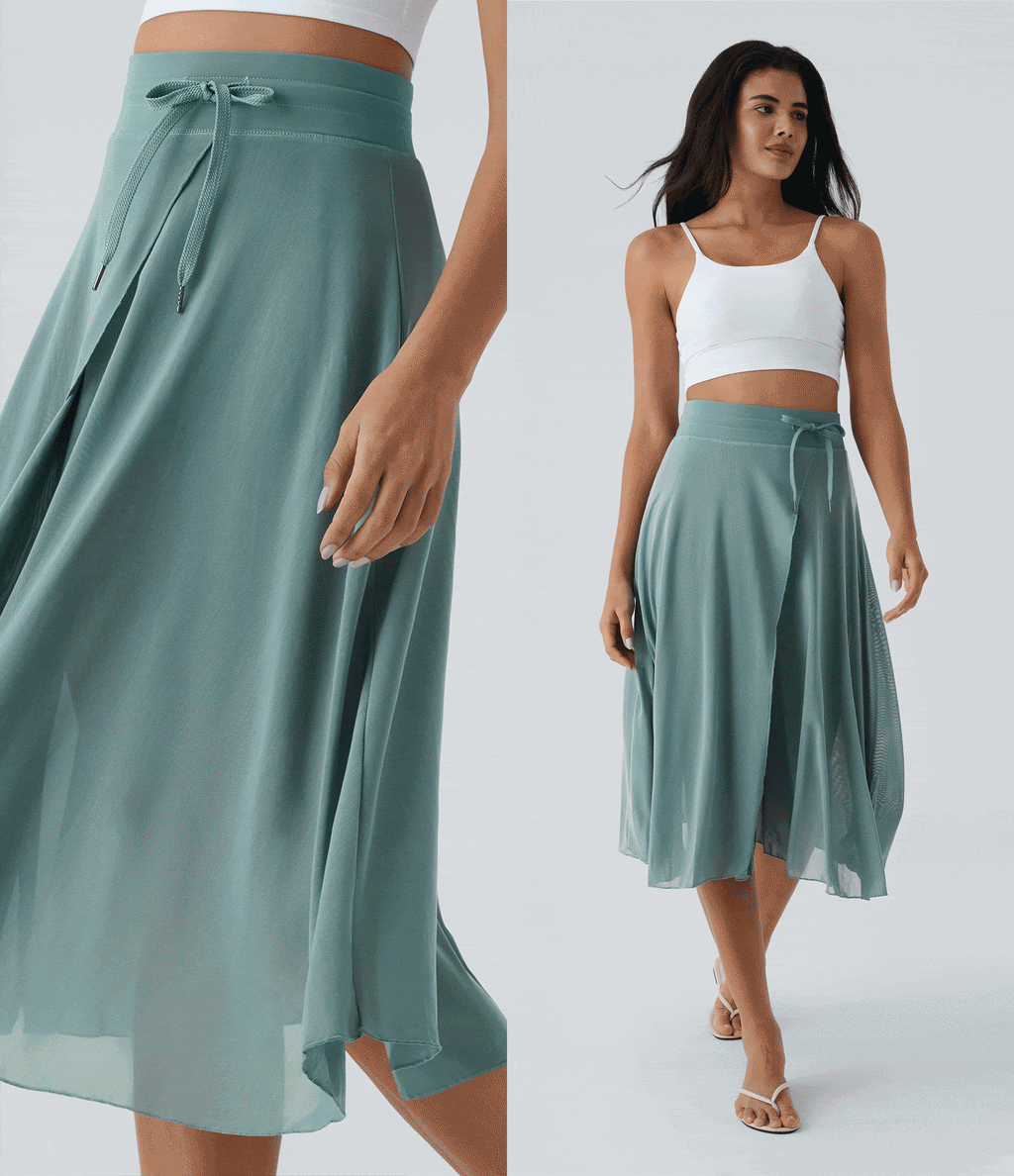 High Waisted Drawstring Contrast Mesh 2-in-1 Pocket Flowy Midi Flare Casual Skirt — Mineral Blue — view 4