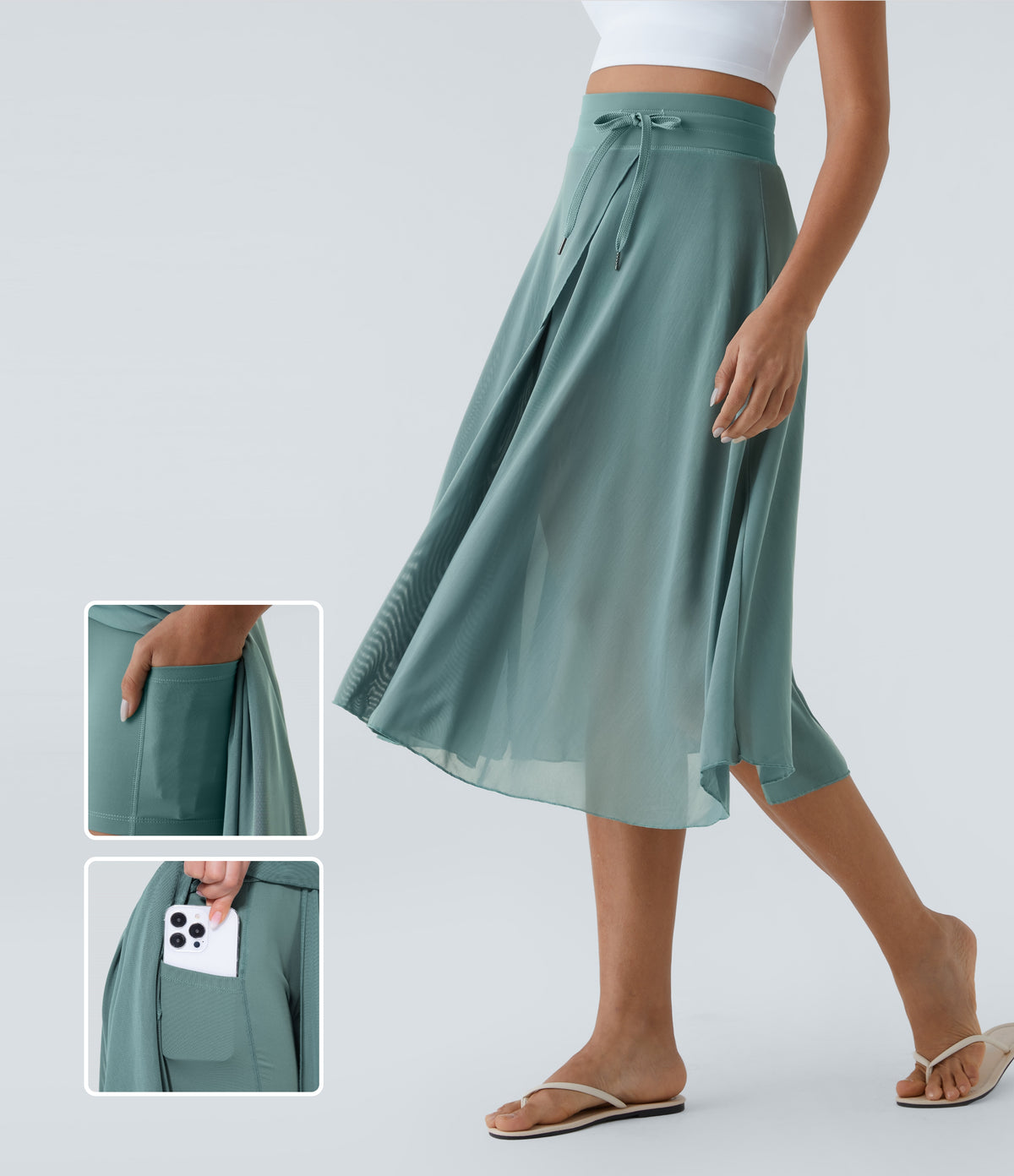 High Waisted Drawstring Contrast Mesh 2-in-1 Pocket Flowy Midi Flare Casual Skirt — Mineral Blue — view 1