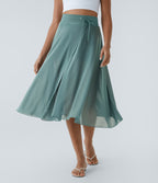 High Waisted Drawstring Contrast Mesh 2-in-1 Pocket Flowy Midi Flare Casual Skirt — Mineral Blue — view 5