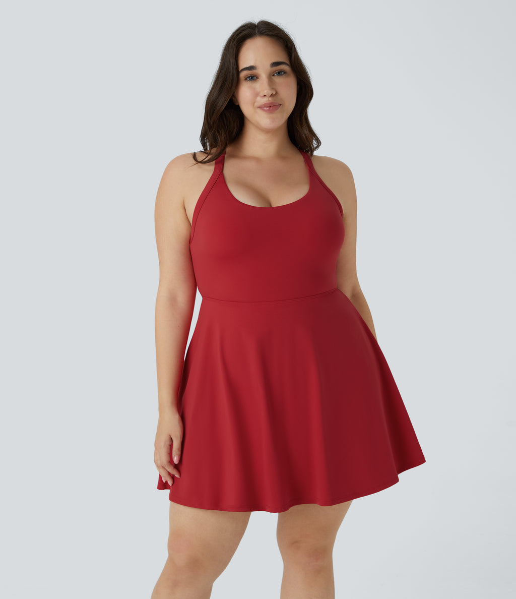 Backless Cut Out Twisted Side Pocket 2-in-1 Exercise Plus Size Dress — Salsa — view 3