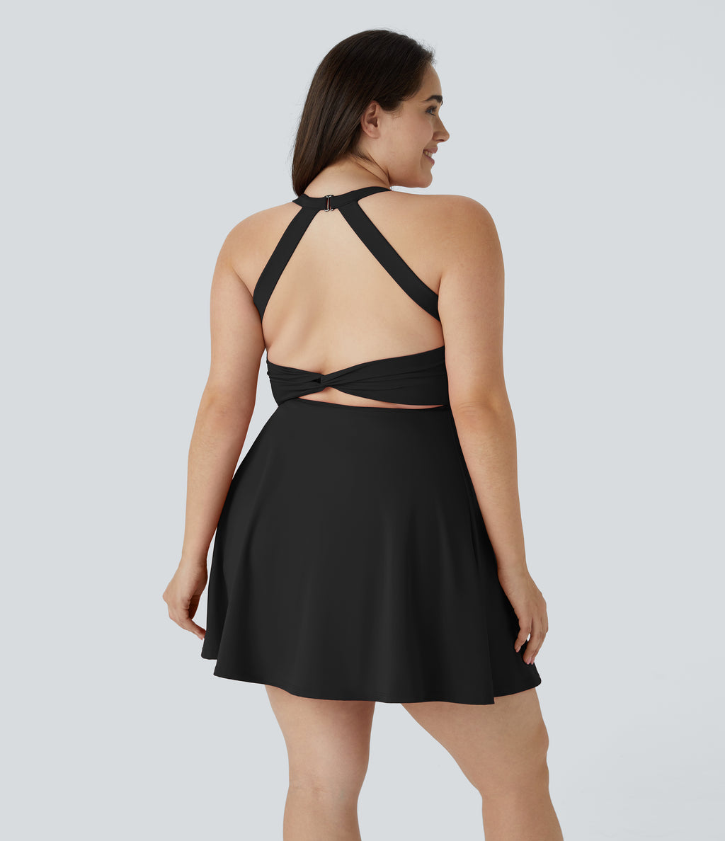 Backless Cut Out Twisted Side Pocket 2-in-1 Exercise Plus Size Dress — Black — view 9
