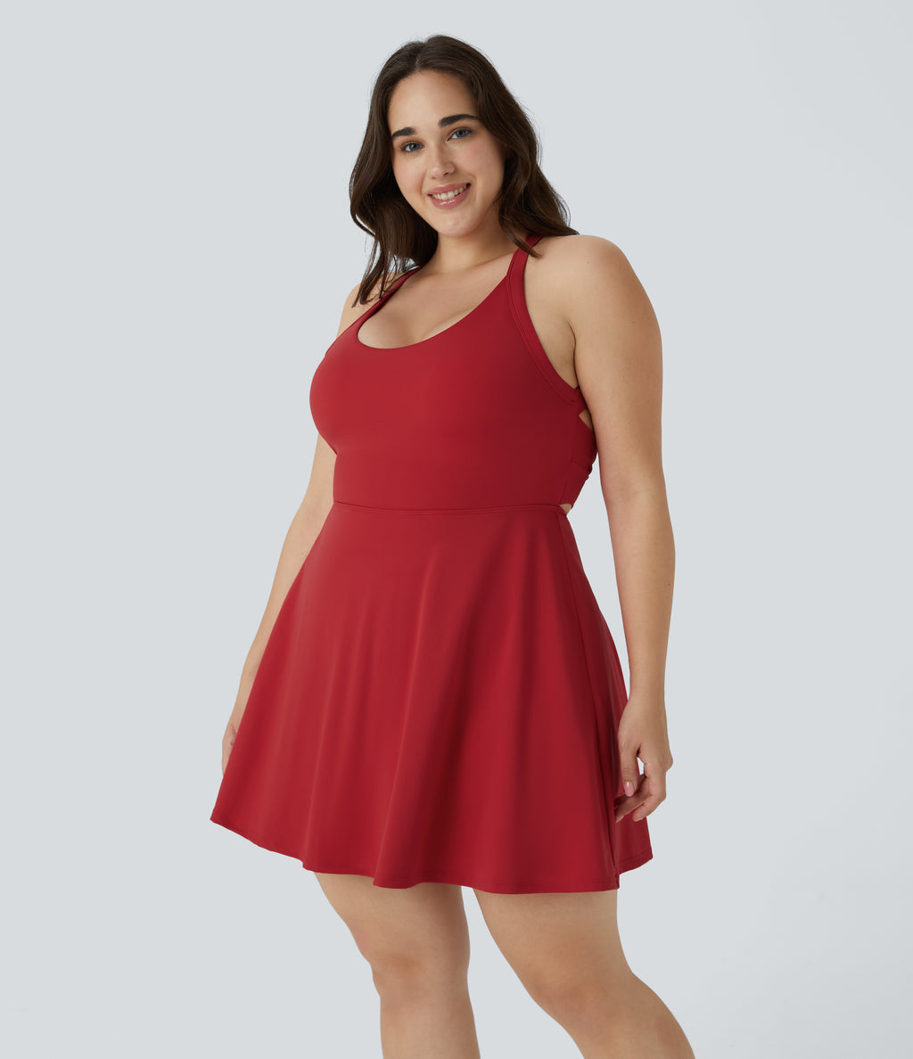 Backless Cut Out Twisted Side Pocket 2-in-1 Exercise Plus Size Dress — Salsa — view 4