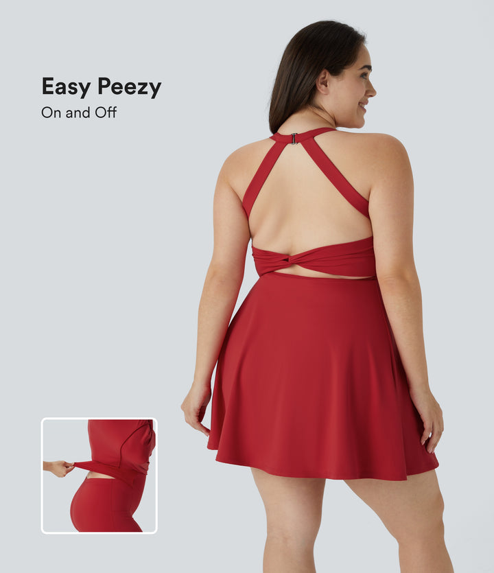 Backless Cut Out Twisted Side Pocket 2-in-1 Exercise Plus Size Dress — Salsa — view 1