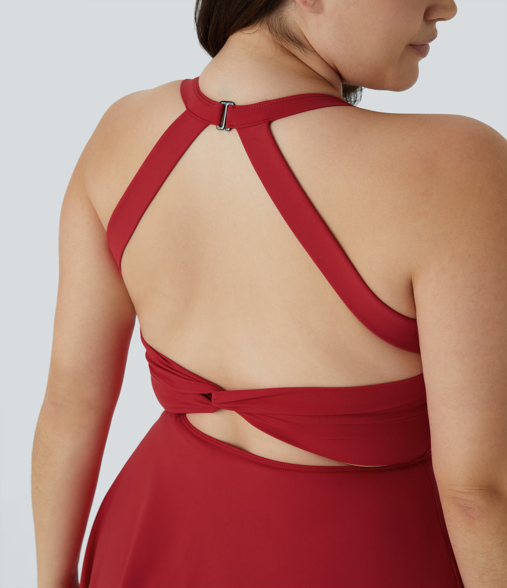 Backless Cut Out Twisted Side Pocket 2-in-1 Exercise Plus Size Dress — Salsa — view 7