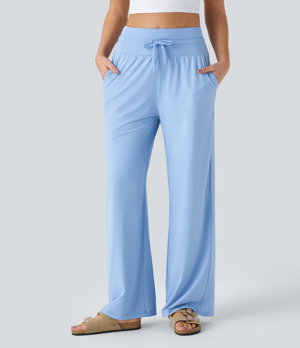 High Waisted Drawstring Side Pocket Wide Leg Casual Trousers-UPF50+ — Dutch Canal — view 3