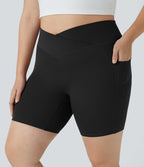 High Waisted Crossover Pocket Yoga Plus Size Biker Shorts 7" — Black — view 1