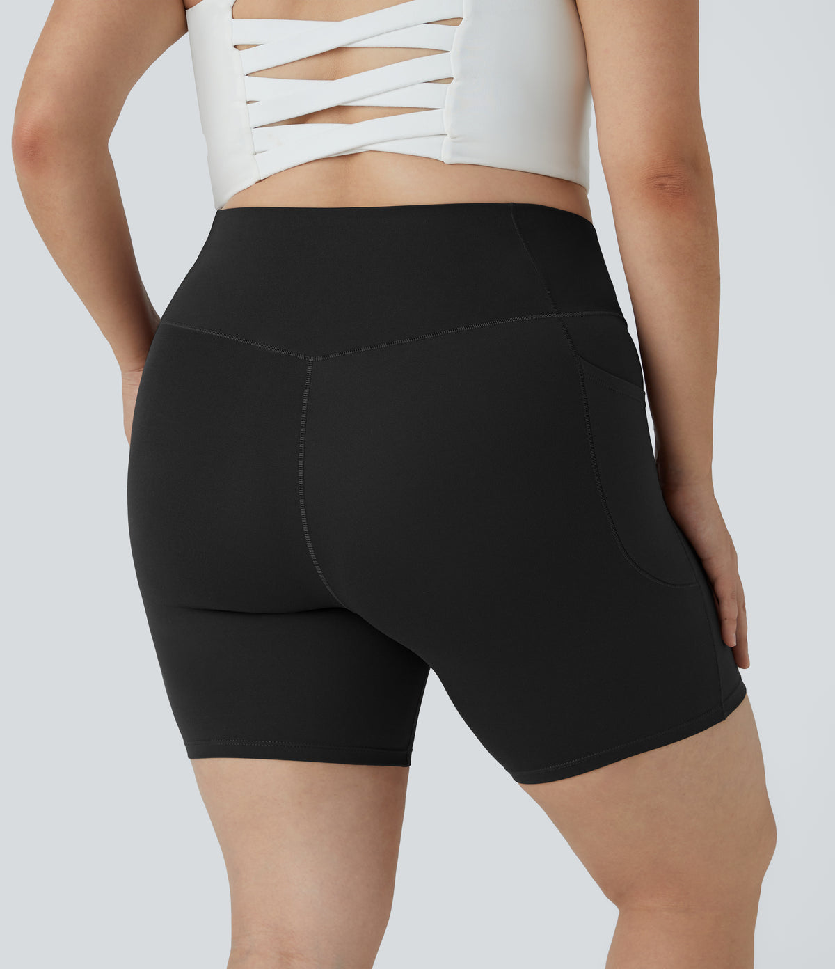 High Waisted Crossover Pocket Yoga Plus Size Biker Shorts 7" — Black — view 2