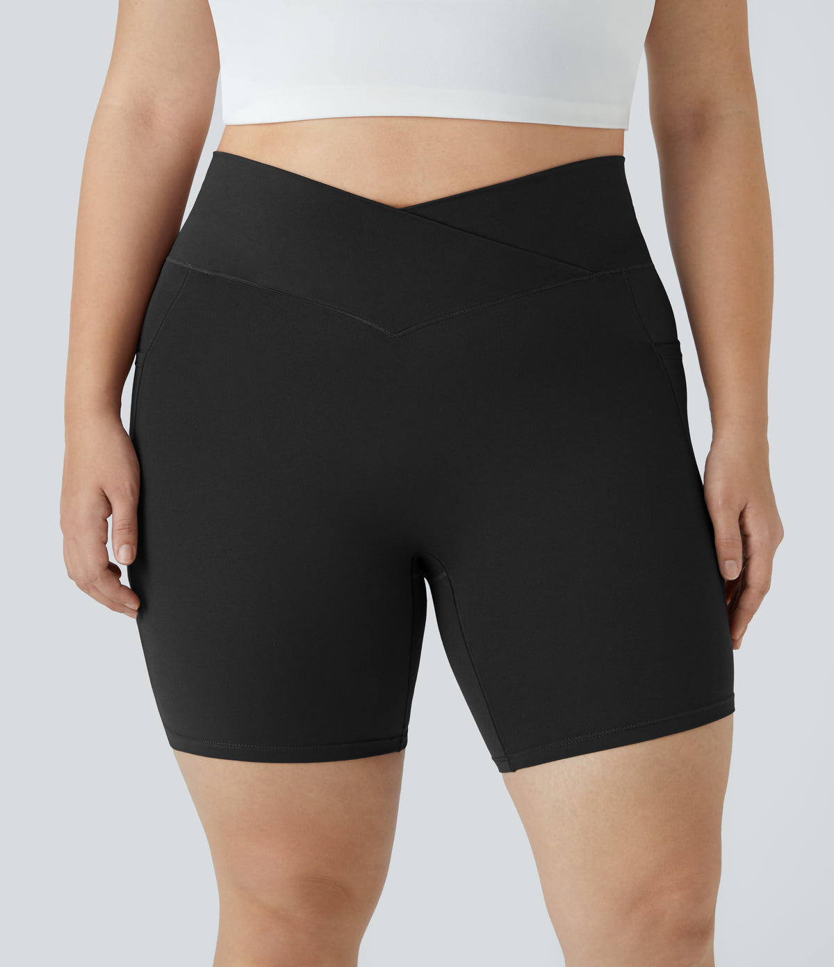 High Waisted Crossover Pocket Yoga Plus Size Biker Shorts 7" — Black — view 3