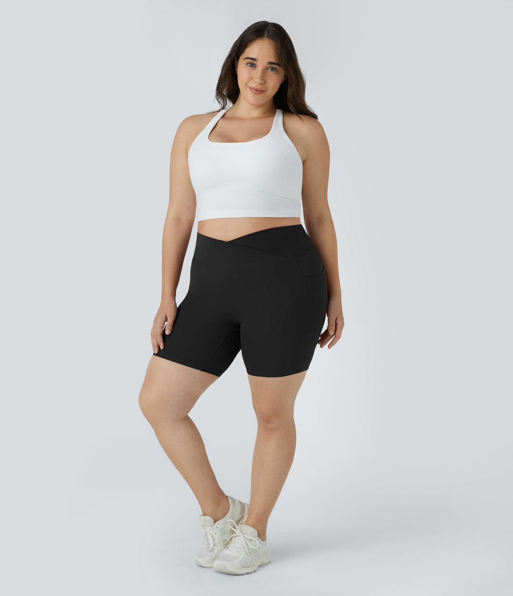 High Waisted Crossover Pocket Yoga Plus Size Biker Shorts 7" — Black — view 6