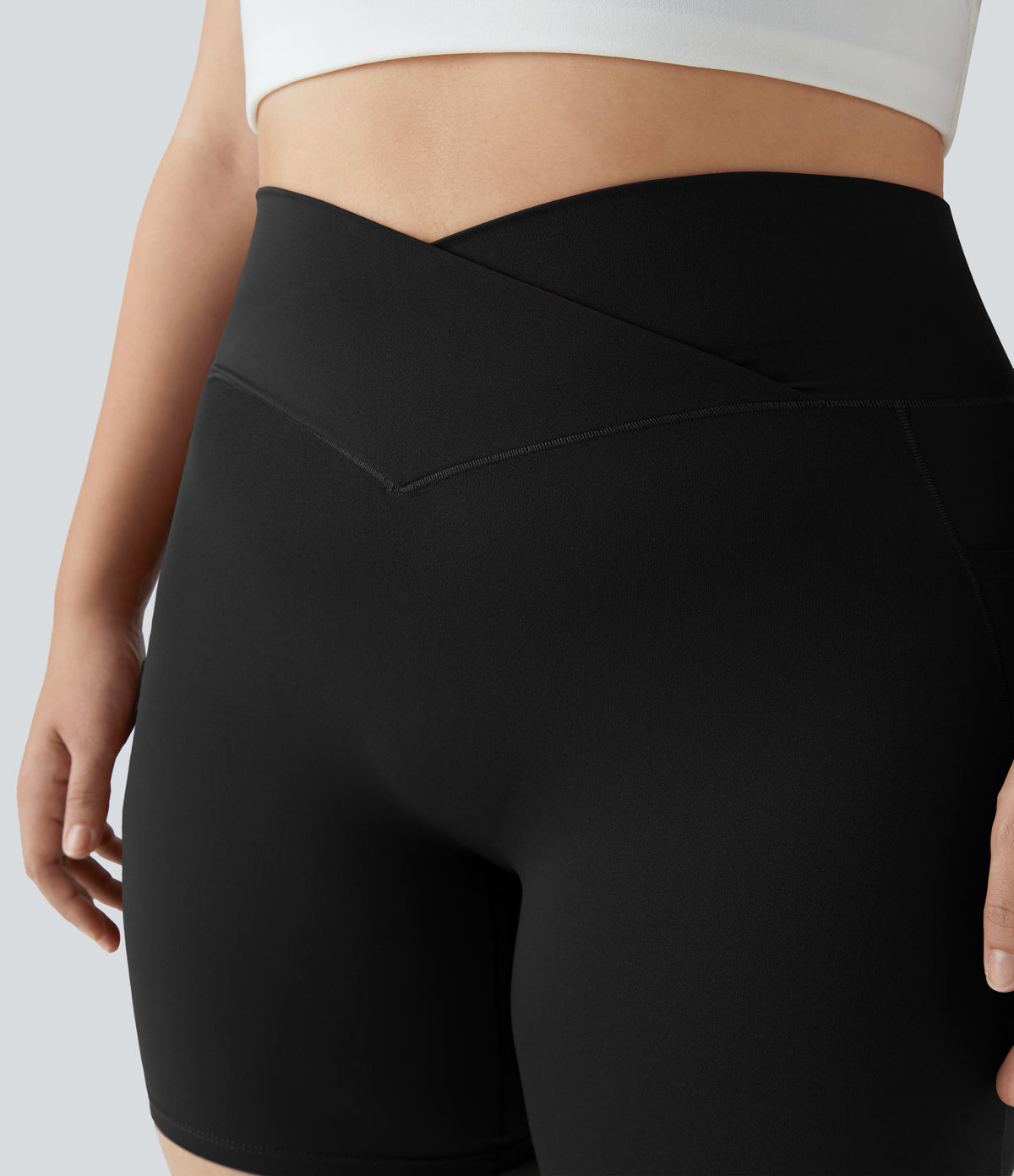High Waisted Crossover Pocket Yoga Plus Size Biker Shorts 7" — Black — view 4