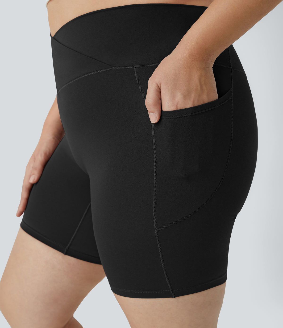 High Waisted Crossover Pocket Yoga Plus Size Biker Shorts 7" — Black — view 5