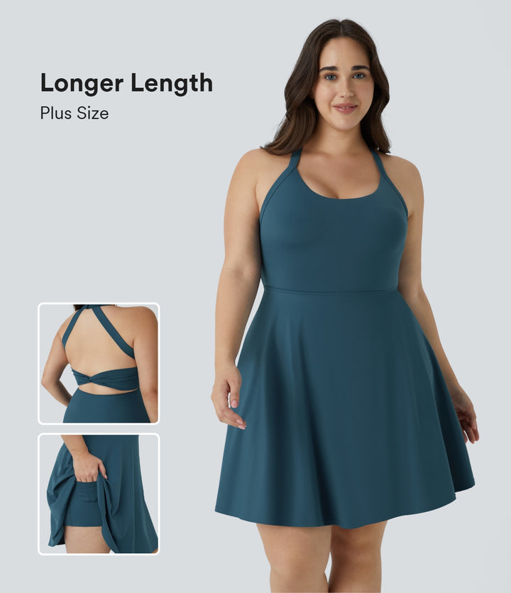 U Neck Backless Twisted Cut Out 2-in-1 Side Pocket Mini Barre Ballet Dance Plus Size Dress-Longer Length — Majolica Blue — view 1