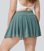 High Waisted Drawstring Contrast Mesh 2-in-1 Side Pocket Flowy Mini Flare Casual Plus Size Skirt — Dusty Turquoise — view 2