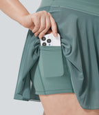 High Waisted Drawstring Contrast Mesh 2-in-1 Side Pocket Flowy Mini Flare Casual Plus Size Skirt — Dusty Turquoise — view 5
