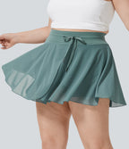 High Waisted Drawstring Contrast Mesh 2-in-1 Side Pocket Flowy Mini Flare Casual Plus Size Skirt — Dusty Turquoise — view 3