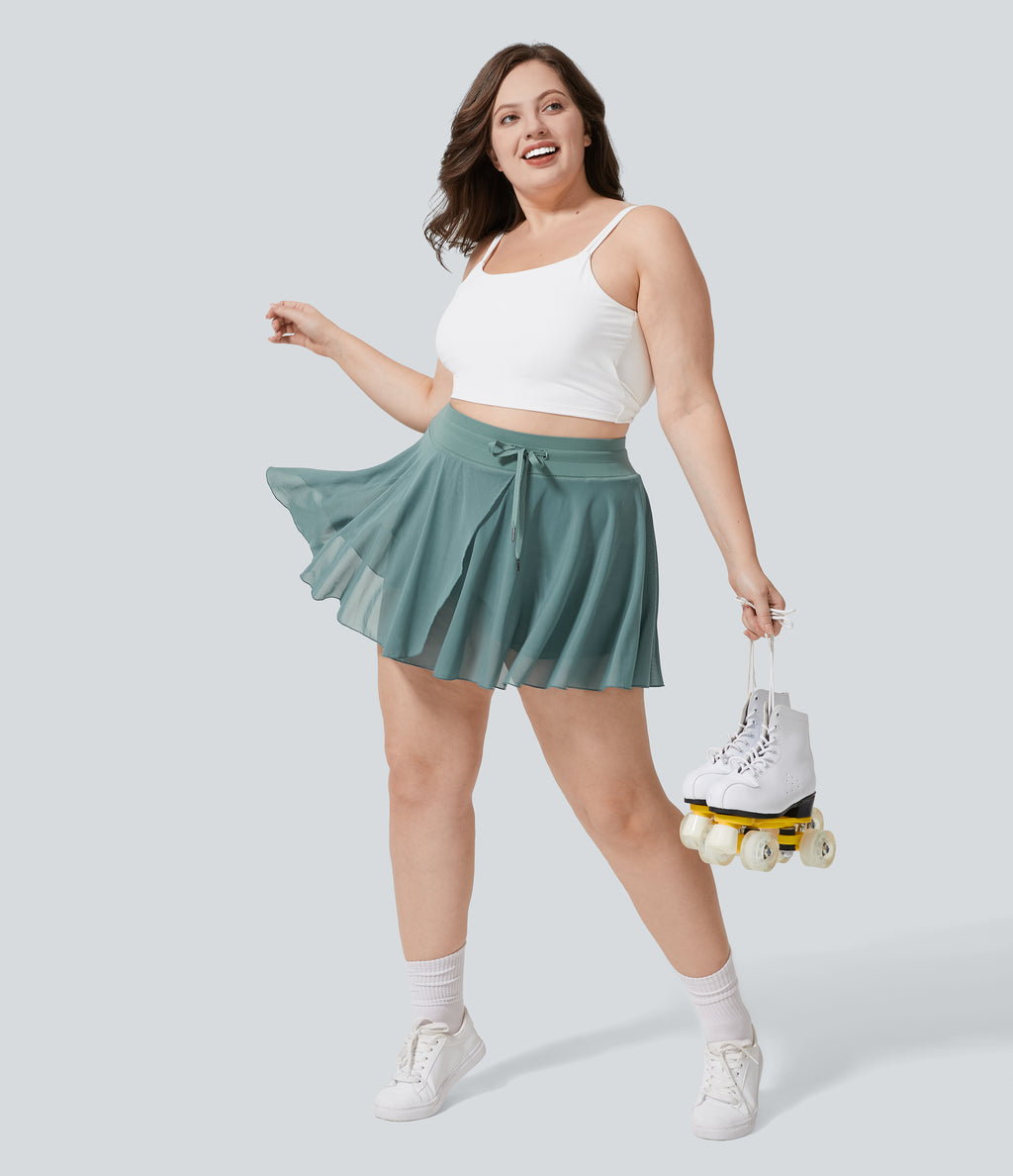 High Waisted Drawstring Contrast Mesh 2-in-1 Side Pocket Flowy Mini Flare Casual Plus Size Skirt — Dusty Turquoise — view 7