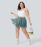 High Waisted Drawstring Contrast Mesh 2-in-1 Side Pocket Flowy Mini Flare Casual Plus Size Skirt — Dusty Turquoise — view 7
