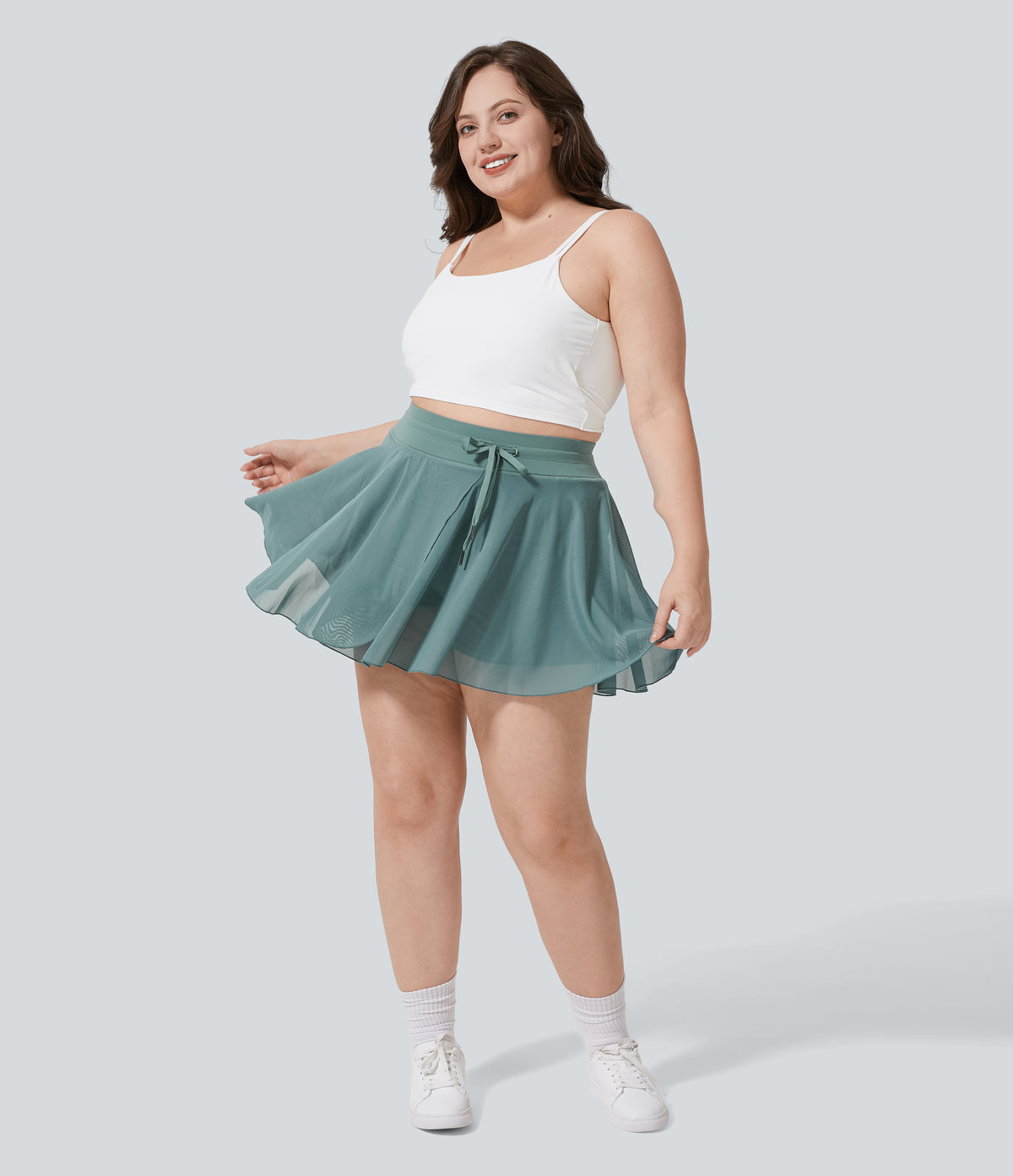 High Waisted Drawstring Contrast Mesh 2-in-1 Side Pocket Flowy Mini Flare Casual Plus Size Skirt — Dusty Turquoise — view 6