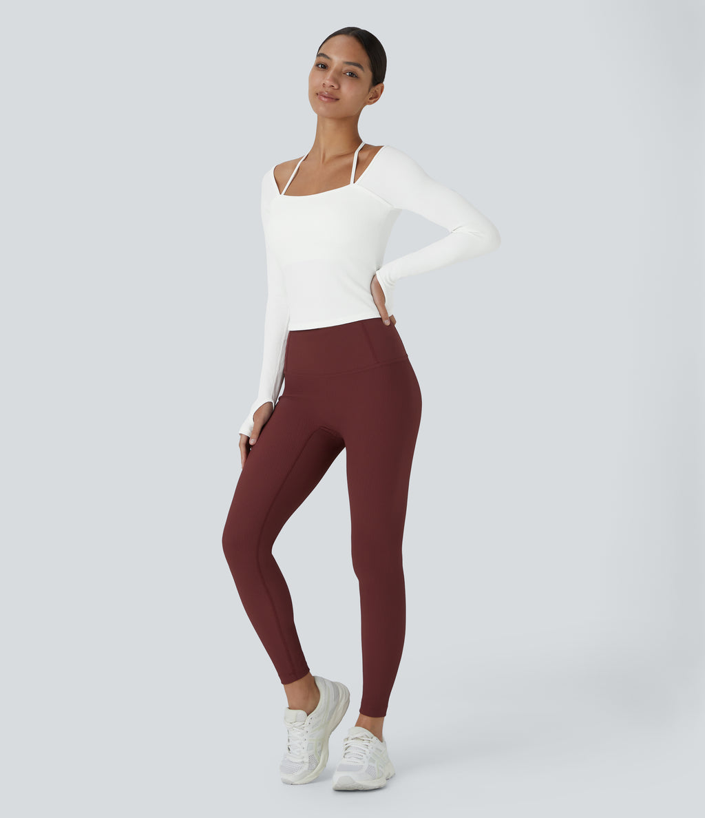 Ribbed Halter Strap Thumb Hole Yoga Sports Top — White — view 6