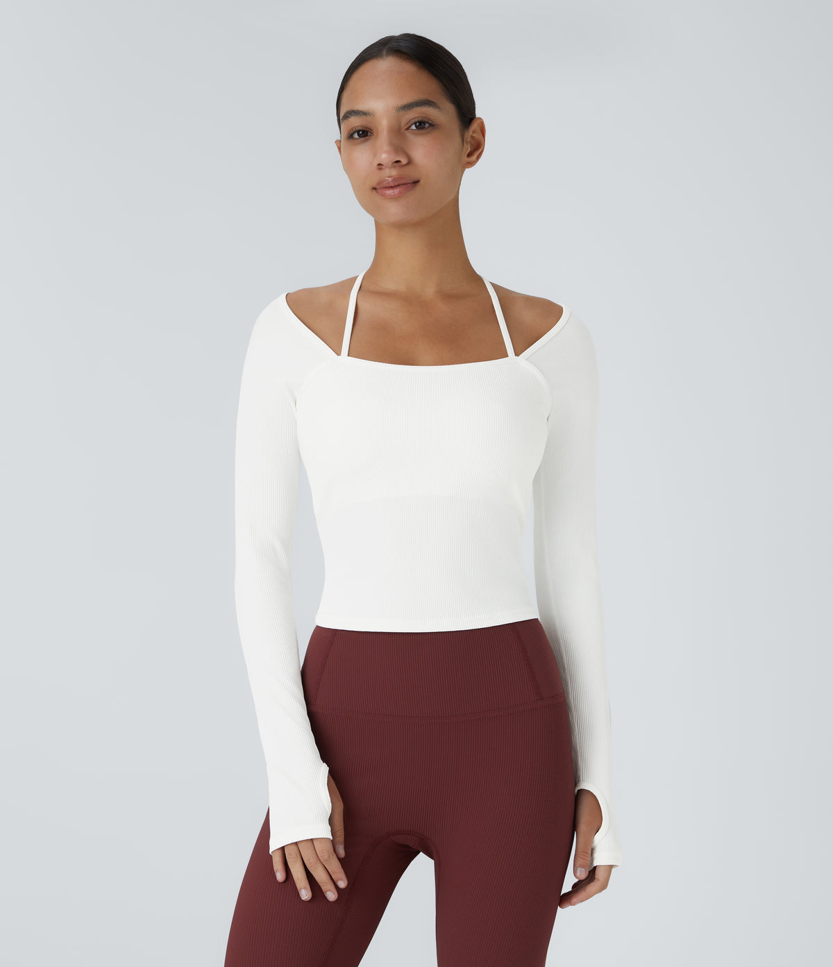 Ribbed Halter Strap Thumb Hole Yoga Sports Top — White — view 3