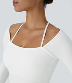Ribbed Halter Strap Thumb Hole Yoga Sports Top — White — view 4