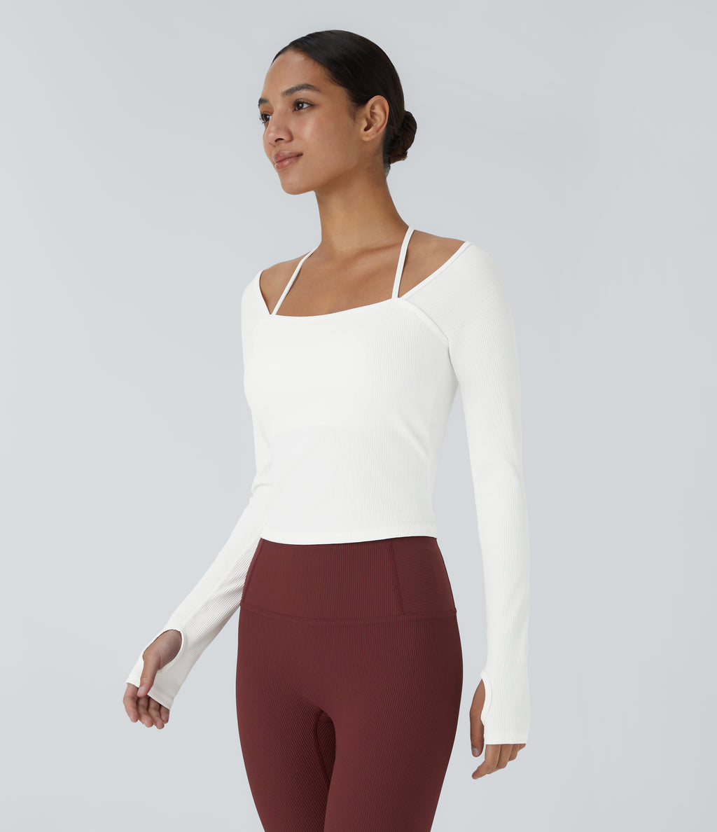 Ribbed Halter Strap Thumb Hole Yoga Sports Top — White — view 1