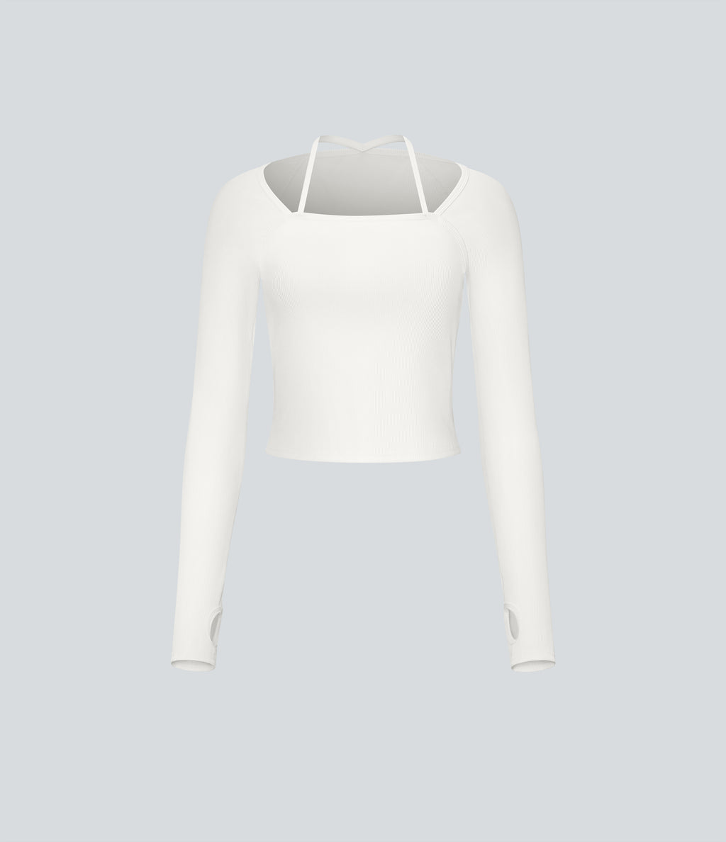Ribbed Halter Strap Thumb Hole Yoga Sports Top — White — view 7
