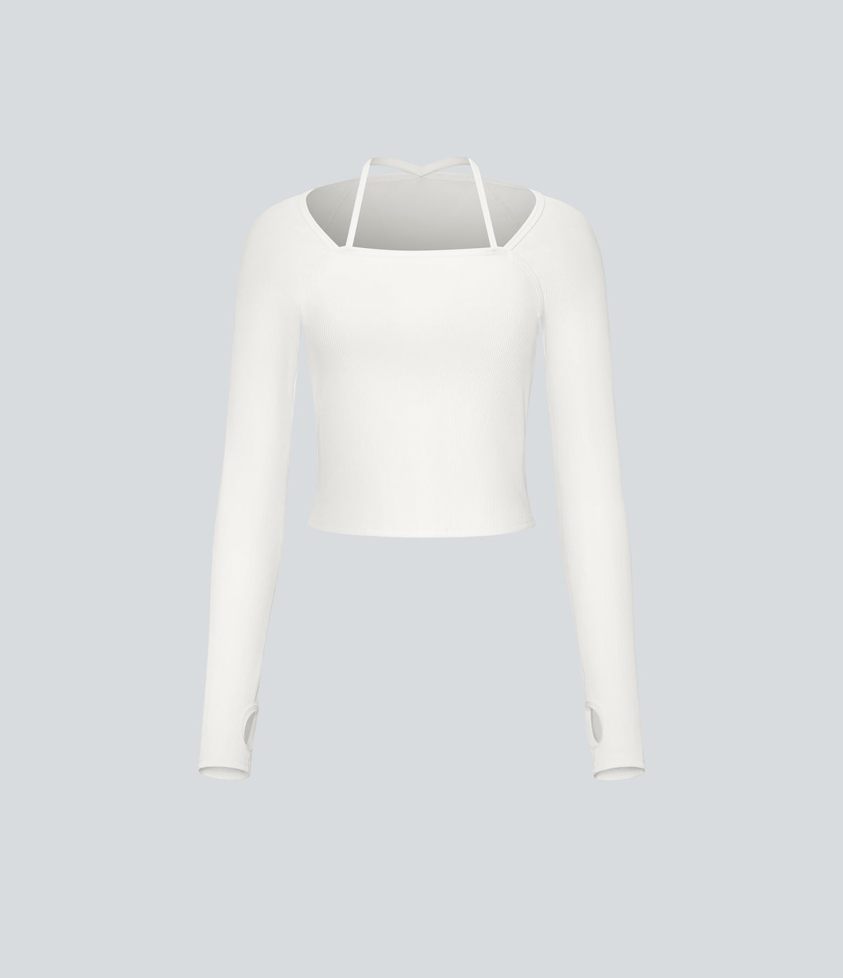 Ribbed Halter Strap Thumb Hole Yoga Sports Top — White — view 7