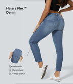 Mid Low Rise Zipper Pockets Casual Skinny Jeans — Sea Blue Denim — view 6