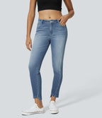Mid Low Rise Zipper Pockets Casual Skinny Jeans — Sea Blue Denim — view 2