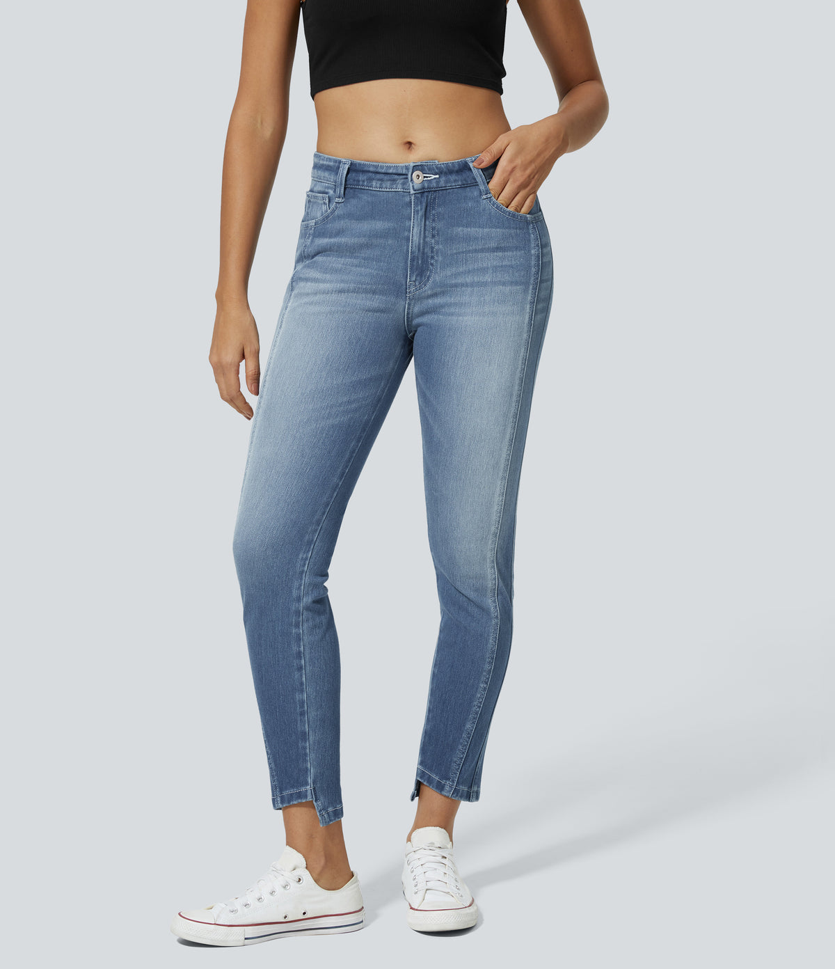 Mid Low Rise Zipper Pockets Casual Skinny Jeans — Sea Blue Denim — view 2