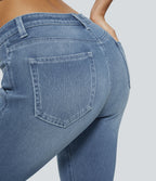 Mid Low Rise Zipper Pockets Casual Skinny Jeans — Sea Blue Denim — view 8