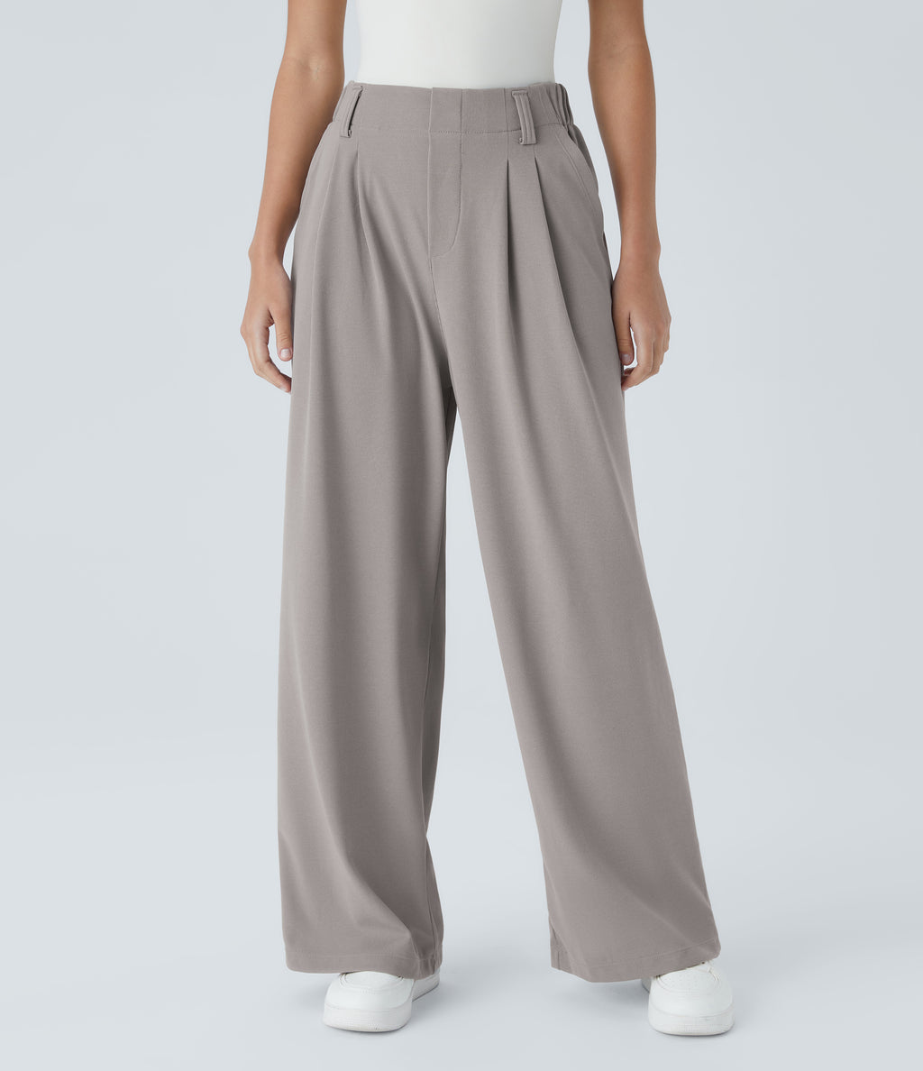 High Waisted Pocket Wide Leg Waffle Work Trousers — Mink Ash — view 3