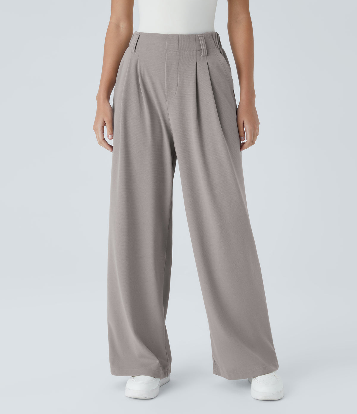 High Waisted Pocket Wide Leg Waffle Work Trousers — Mink Ash — view 3