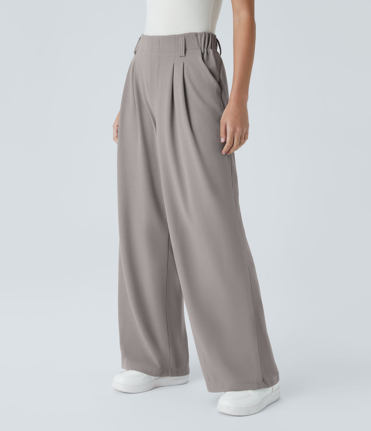 High Waisted Pocket Wide Leg Waffle Work Trousers — Mink Ash — view 4
