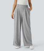 High Waisted Pocket Wide Leg Waffle Work Trousers — Waffle Gray — view 18