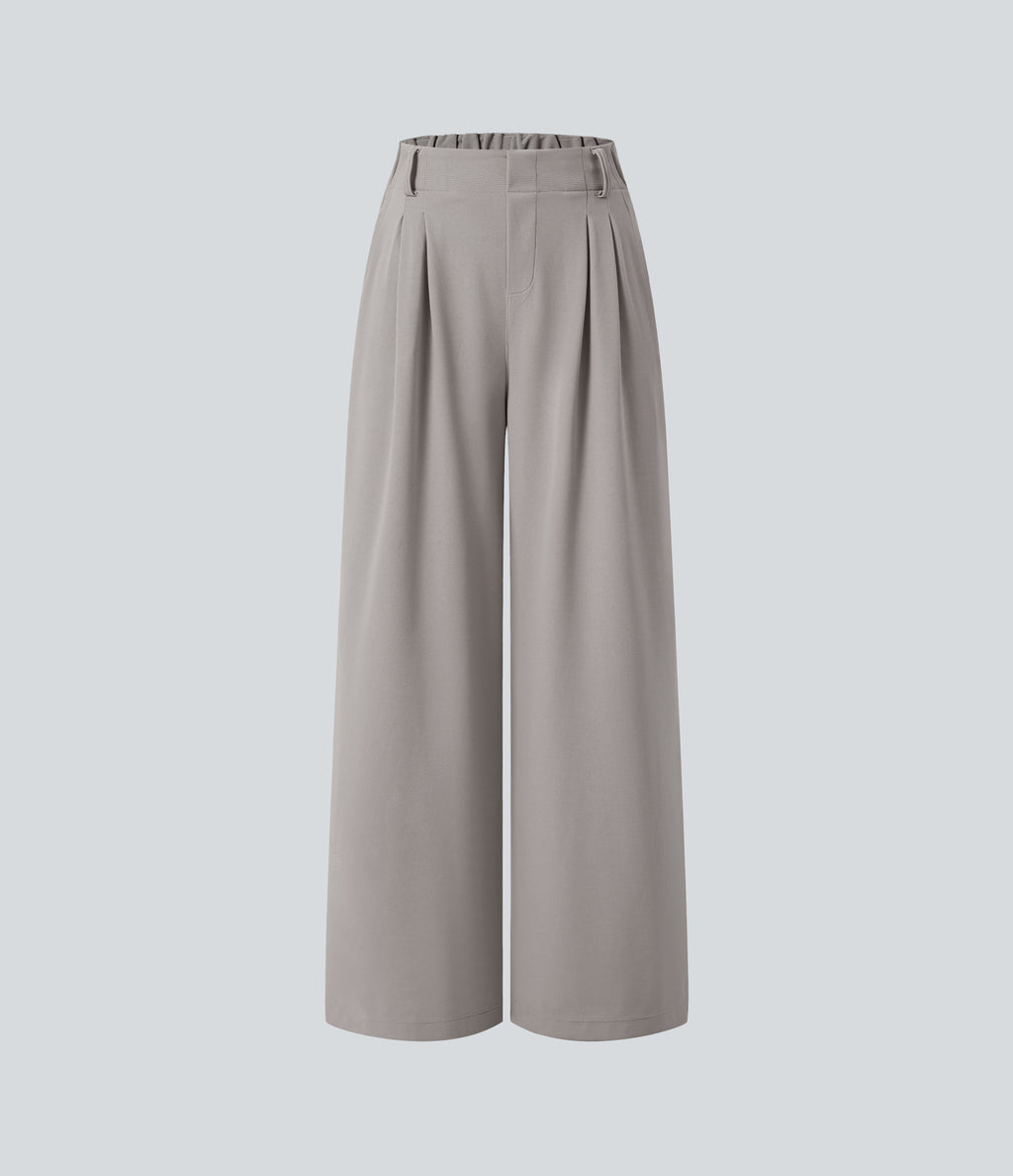 High Waisted Pocket Wide Leg Waffle Work Trousers — Mink Ash — view 7