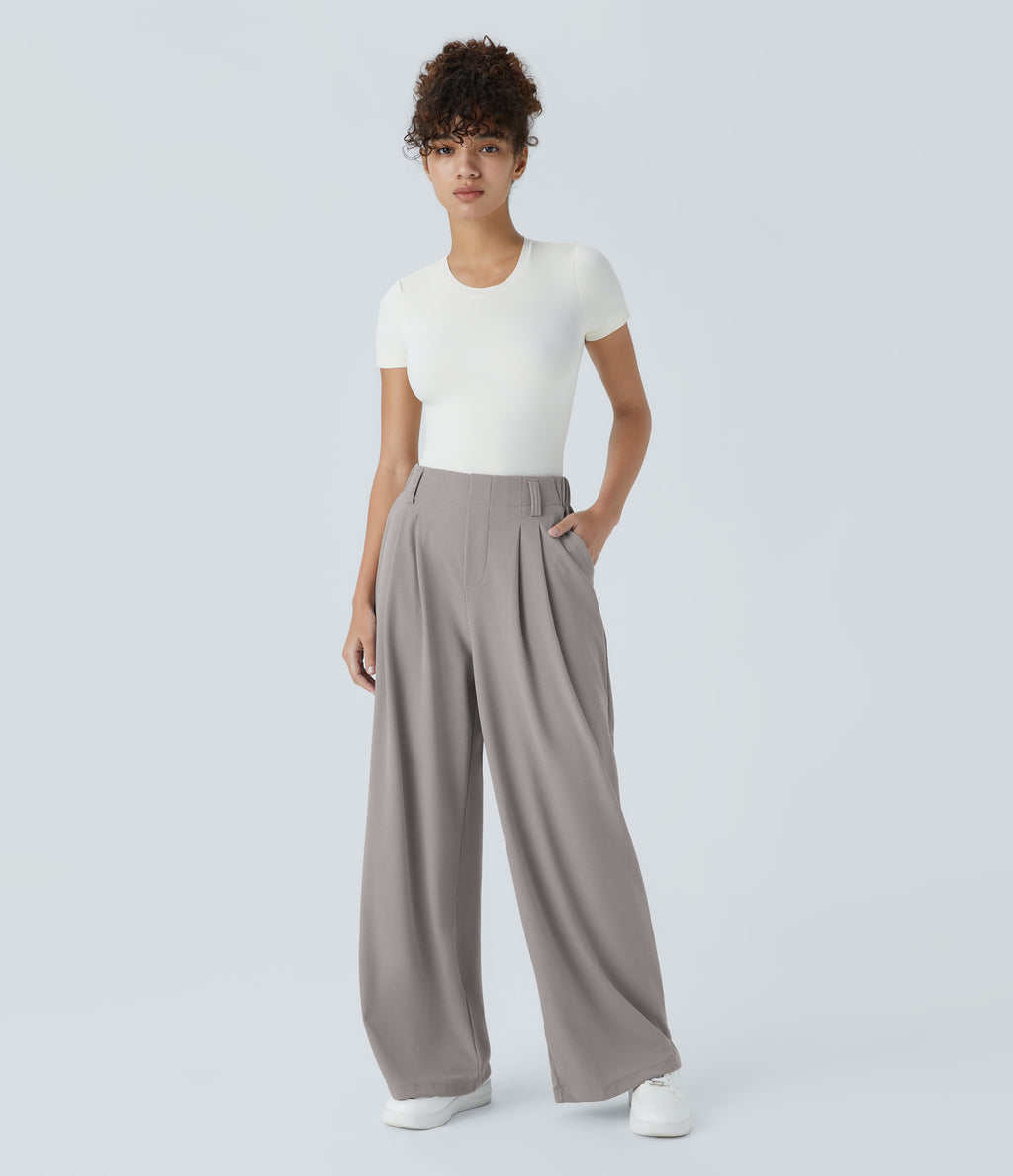 High Waisted Pocket Wide Leg Waffle Work Trousers — Mink Ash — view 6