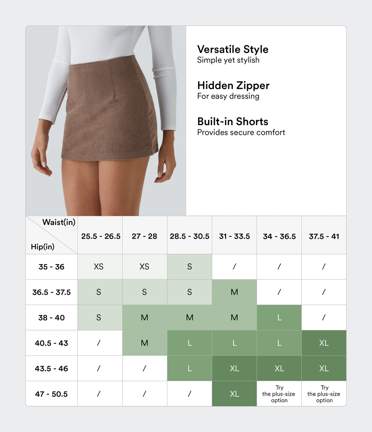 High Waisted 2-in-1 A Line Mini Corduroy Casual Skirt — Acorn — view 2