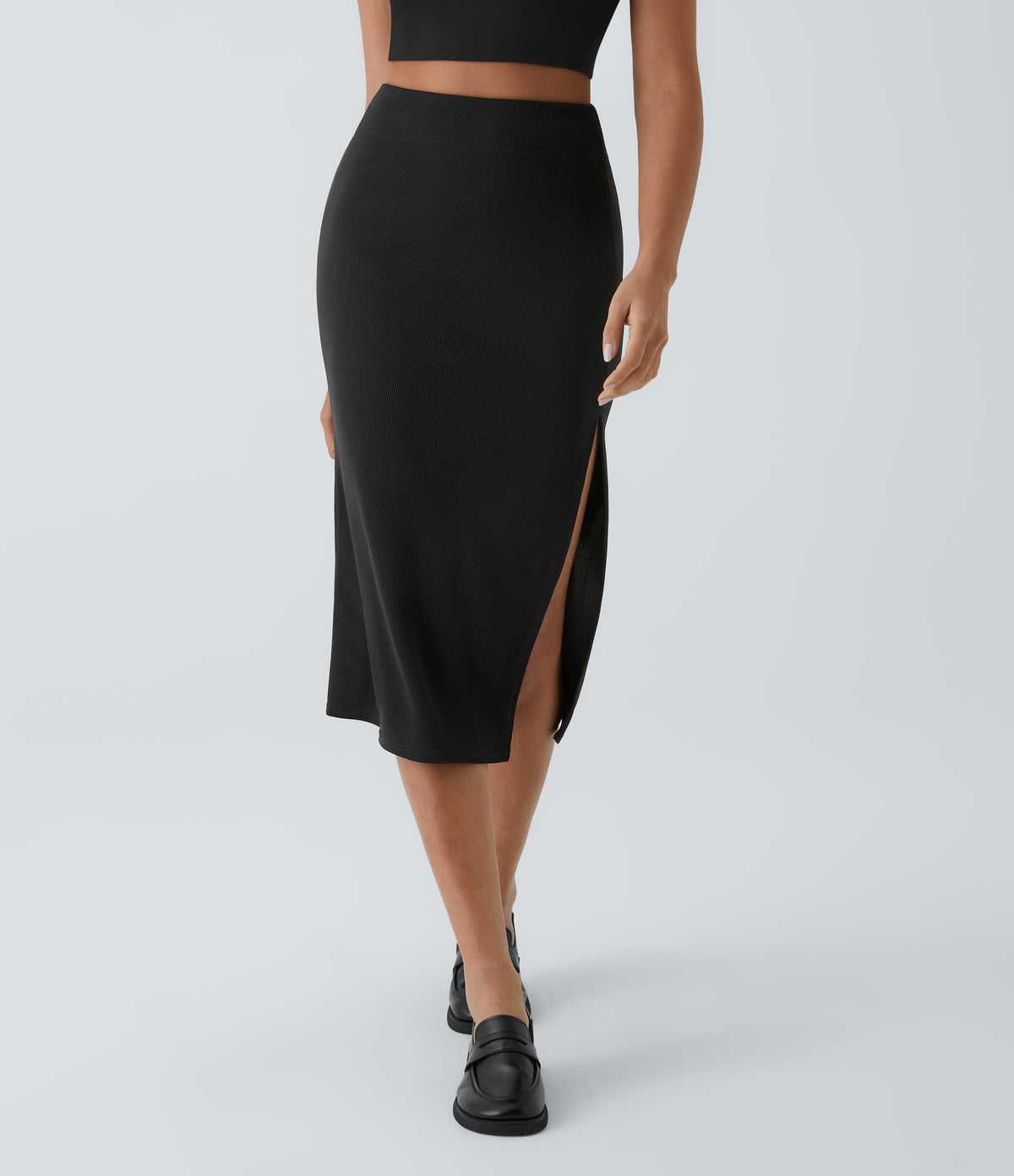 Ribbed High Waisted Split Bodycon Midi Casual Skirt — Black — view 1