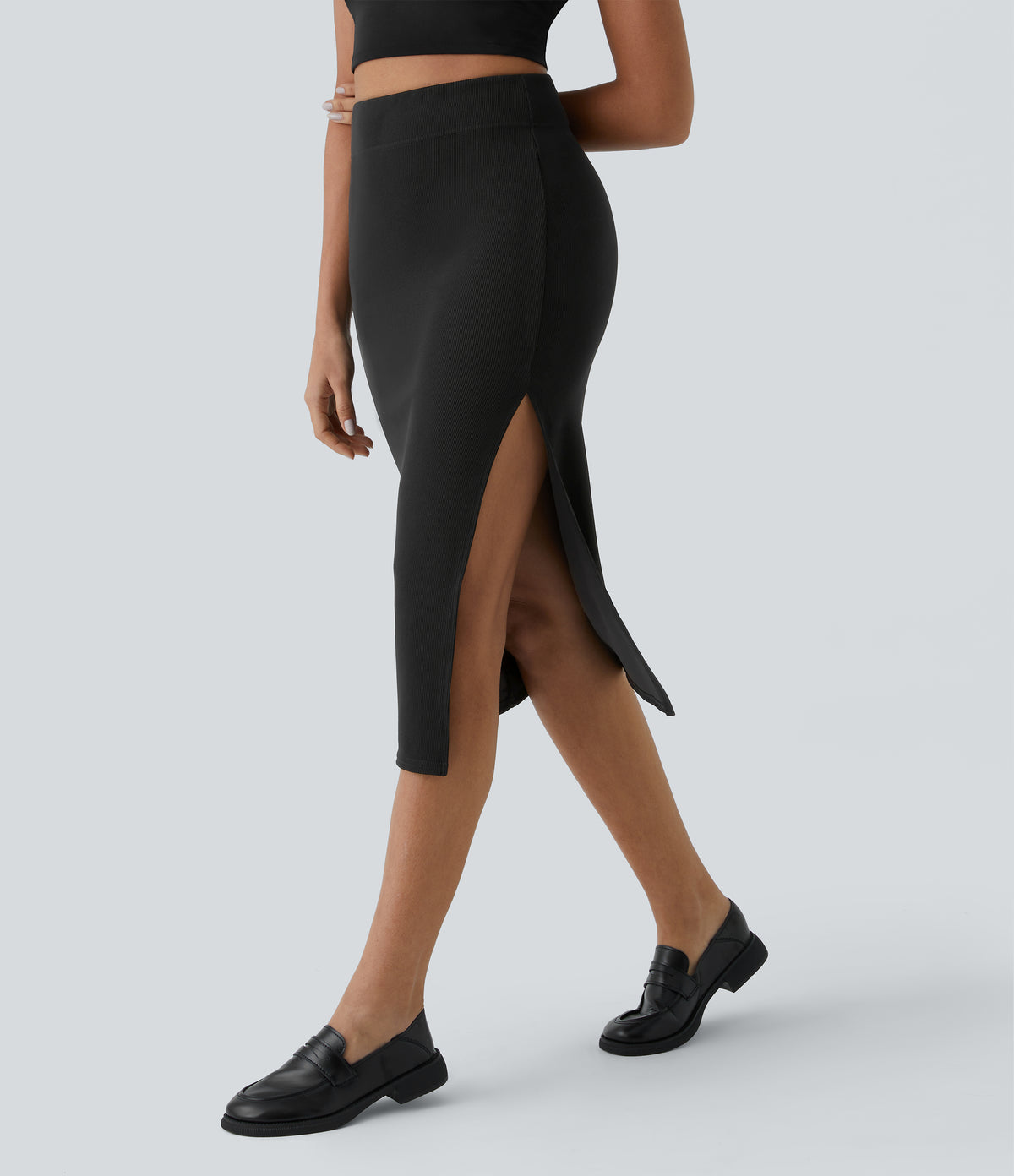 Ribbed High Waisted Split Bodycon Midi Casual Skirt — Black — view 3