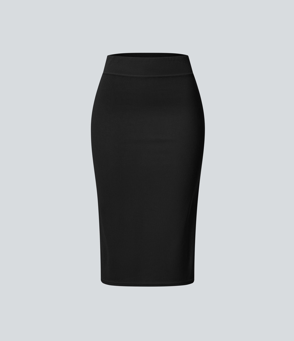 Ribbed High Waisted Split Bodycon Midi Casual Skirt — Black — view 6